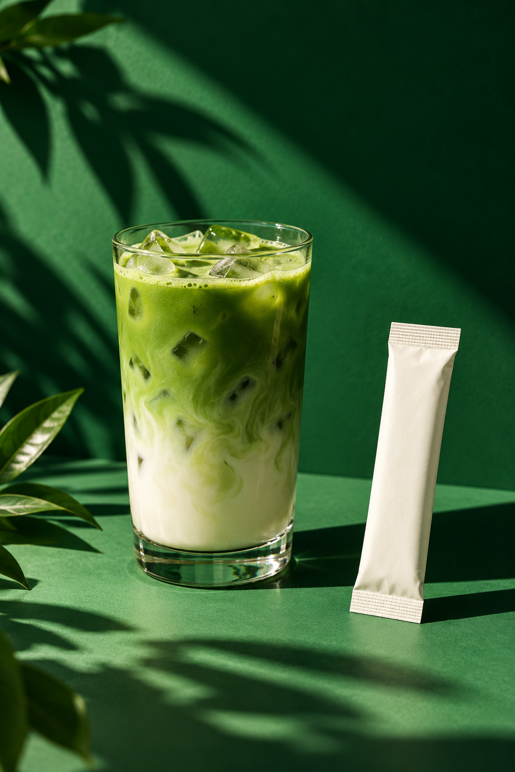Iced matcha latte on a green studio set